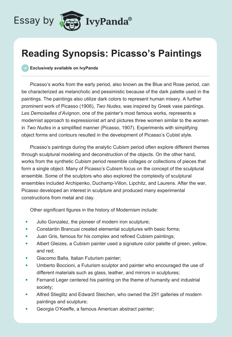 Reading Synopsis: Picasso’s Paintings. Page 1