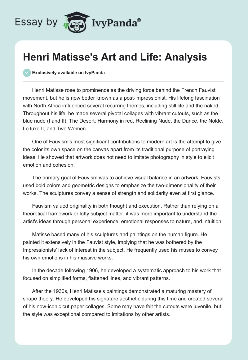 Henri Matisse's Art and Life: Analysis. Page 1