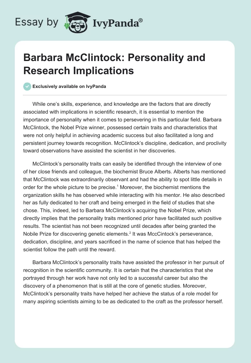 Barbara McClintock: Personality and Research Implications. Page 1