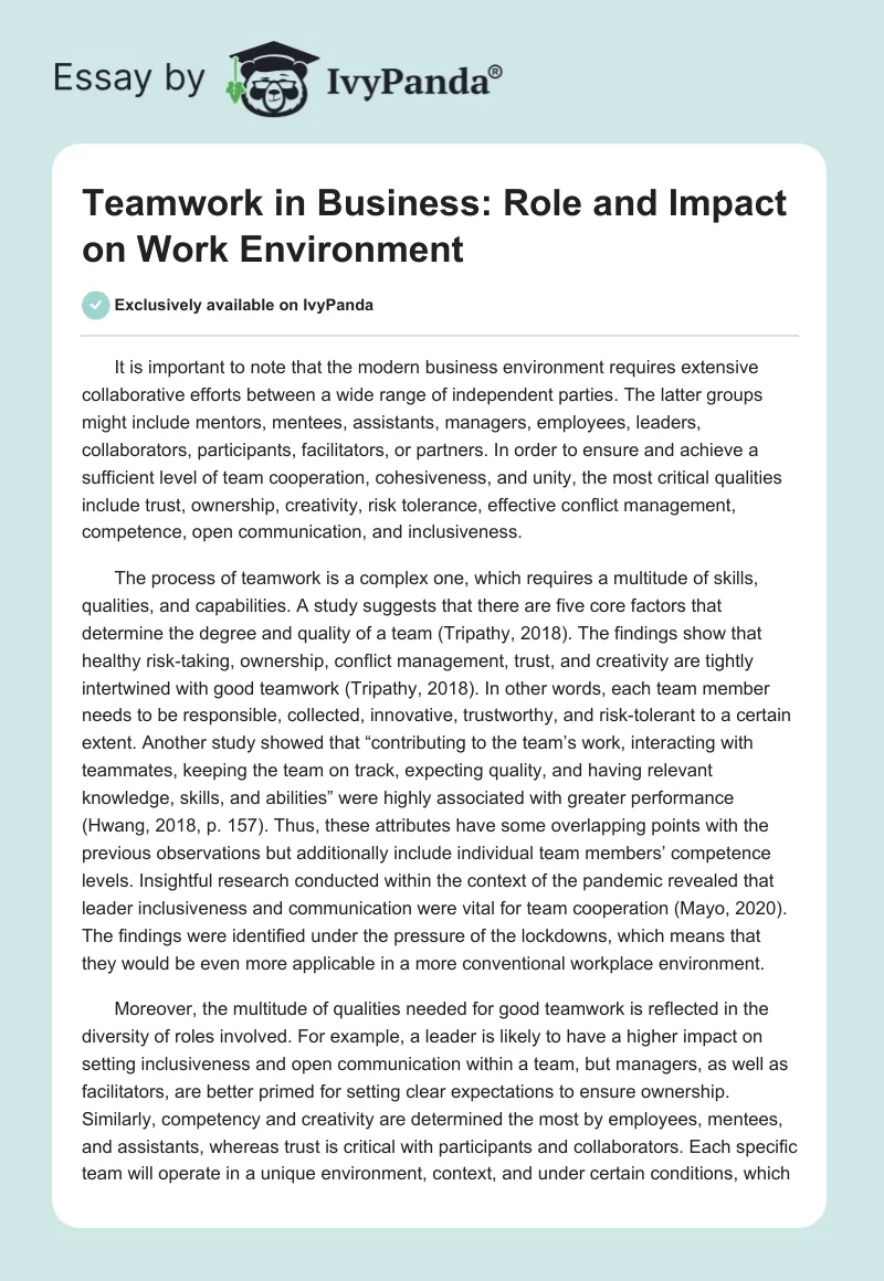 Teamwork in Business: Role and Impact on Work Environment. Page 1