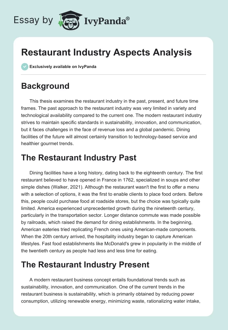 Restaurant Industry Aspects Analysis. Page 1