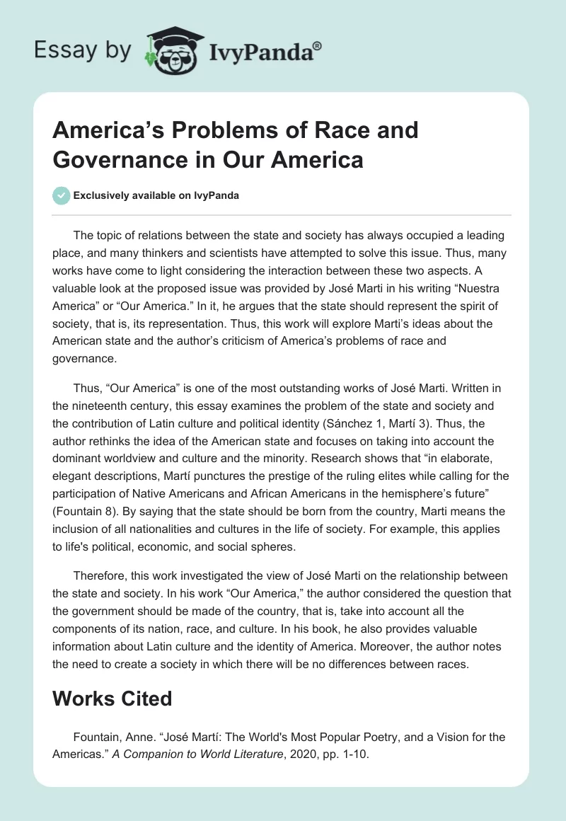 America’s Problems of Race and Governance in "Our America". Page 1