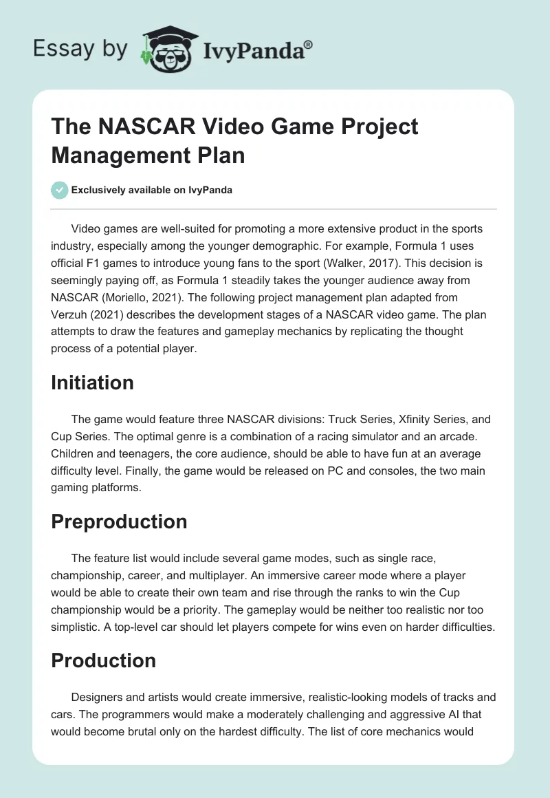 The NASCAR Video Game Project Management Plan. Page 1