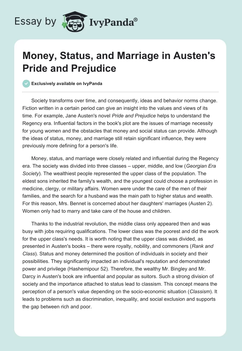 Money, Status, and Marriage in Austen's "Pride and Prejudice". Page 1