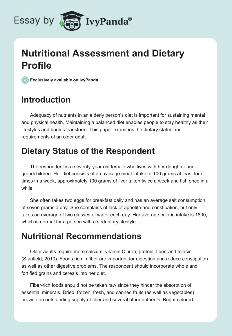 Nutritional Assessment and Dietary Profile. Page 1