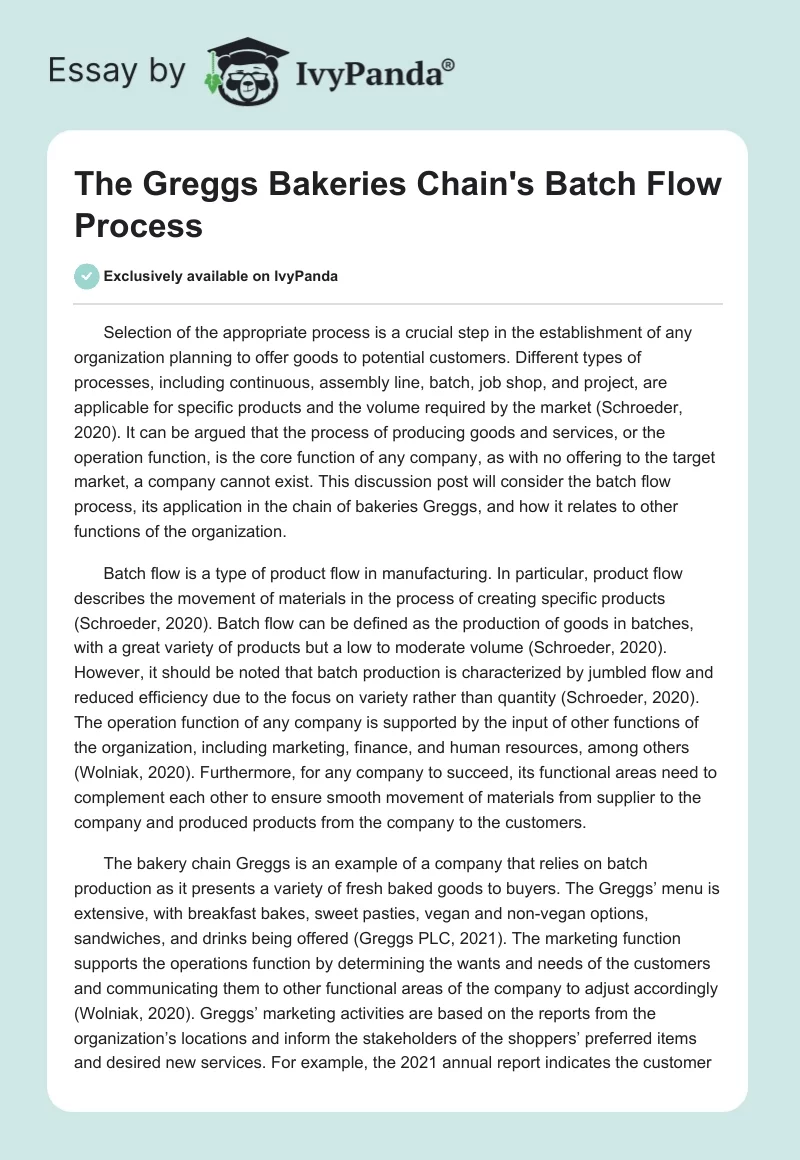 The Greggs Bakeries Chain's Batch Flow Process. Page 1