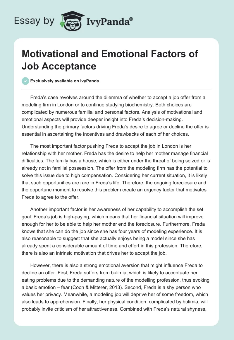 Motivational and Emotional Factors of Job Acceptance. Page 1