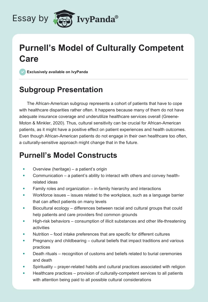 Purnell’s Model of Culturally Competent Care. Page 1