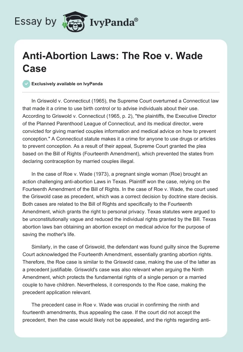 Anti-Abortion Laws: The Roe v. Wade Case. Page 1