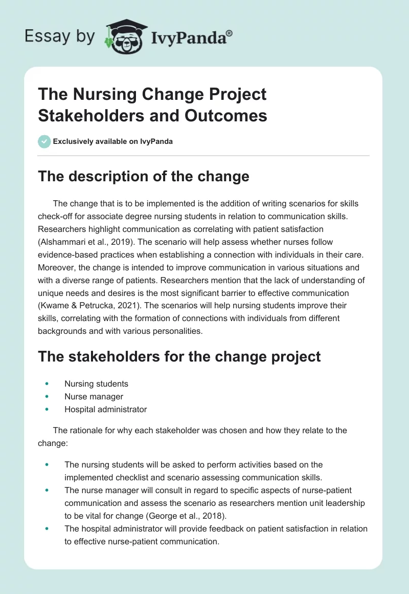 The Nursing Change Project Stakeholders and Outcomes. Page 1