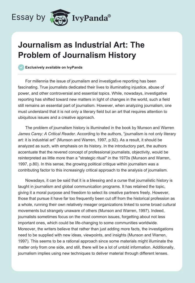 Journalism as Industrial Art: The Problem of Journalism History. Page 1