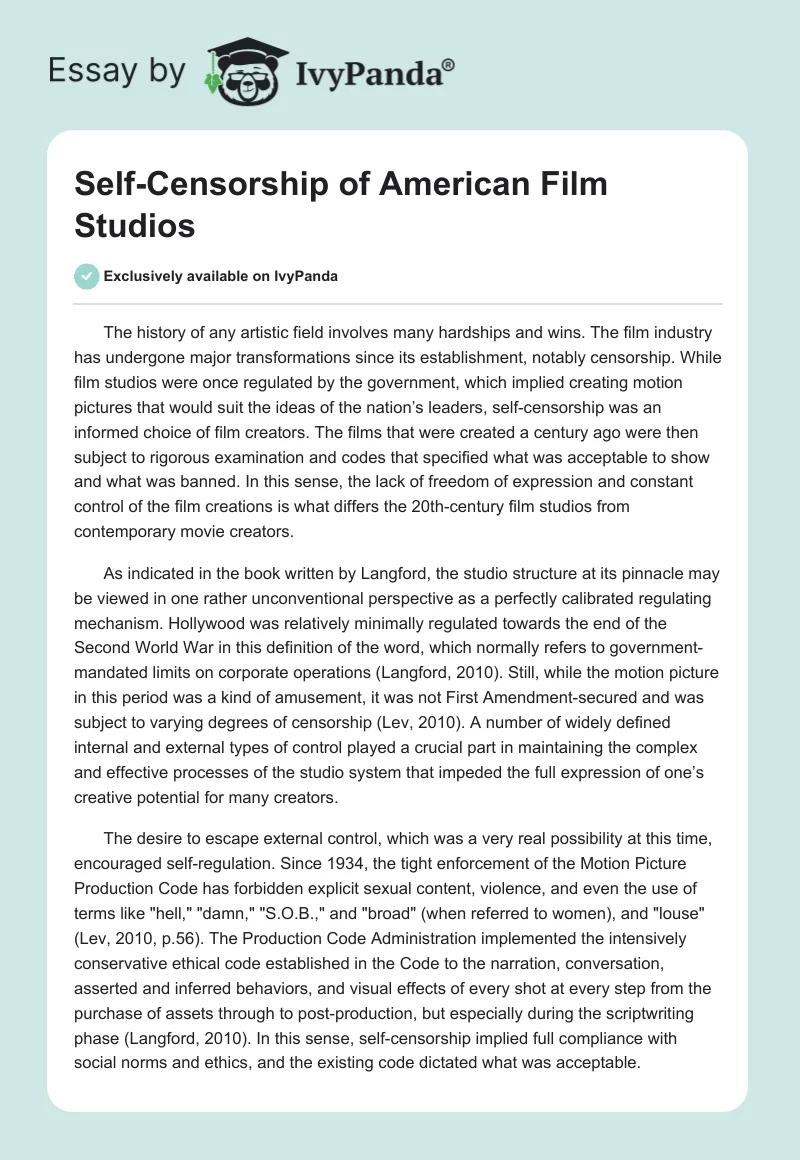 Self-Censorship of American Film Studios. Page 1