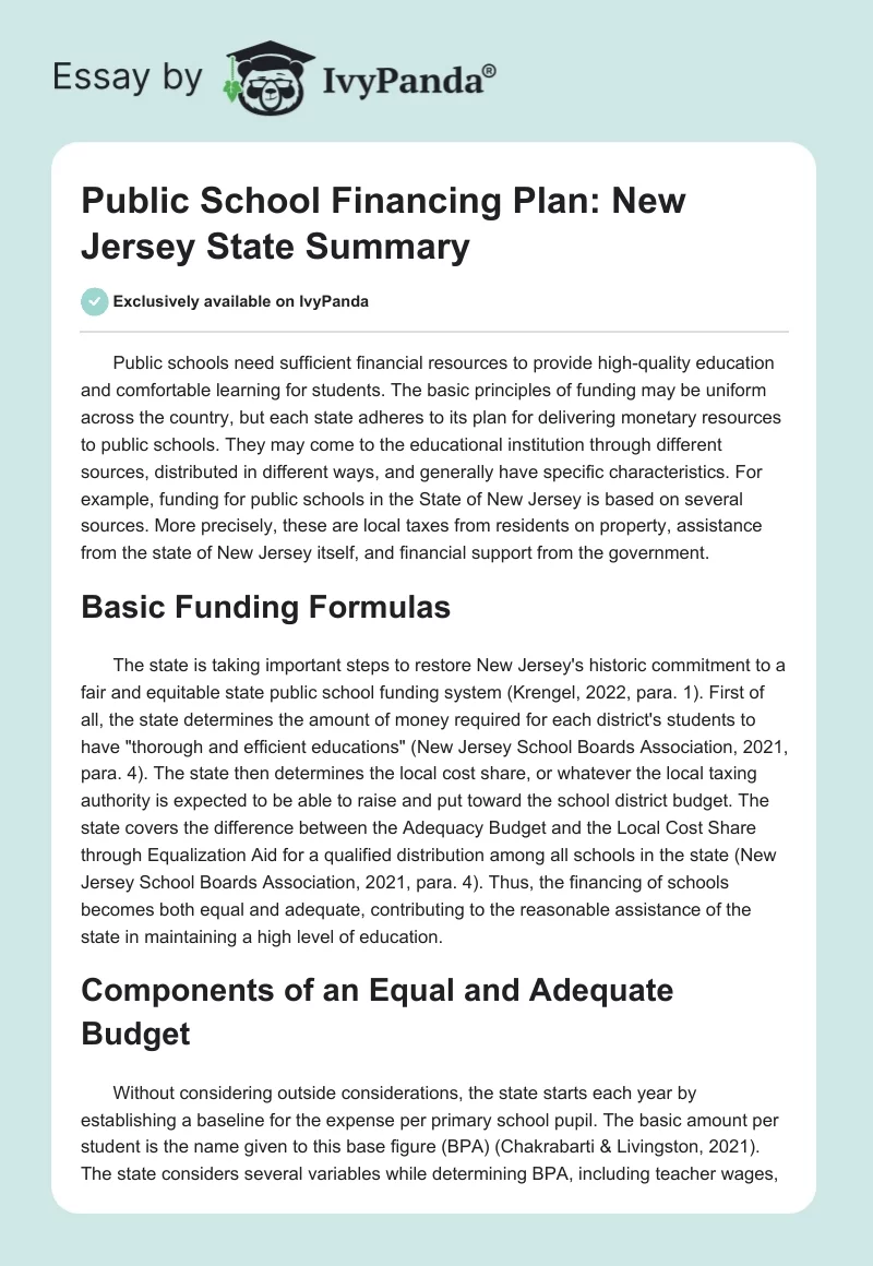 Public School Financing Plan: New Jersey State Summary. Page 1