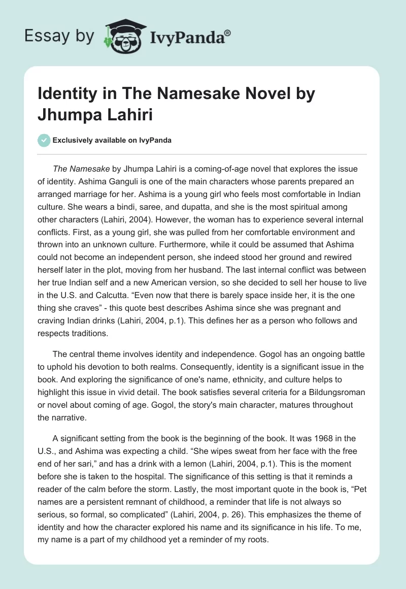 Identity in "The Namesake" Novel by Jhumpa Lahiri. Page 1
