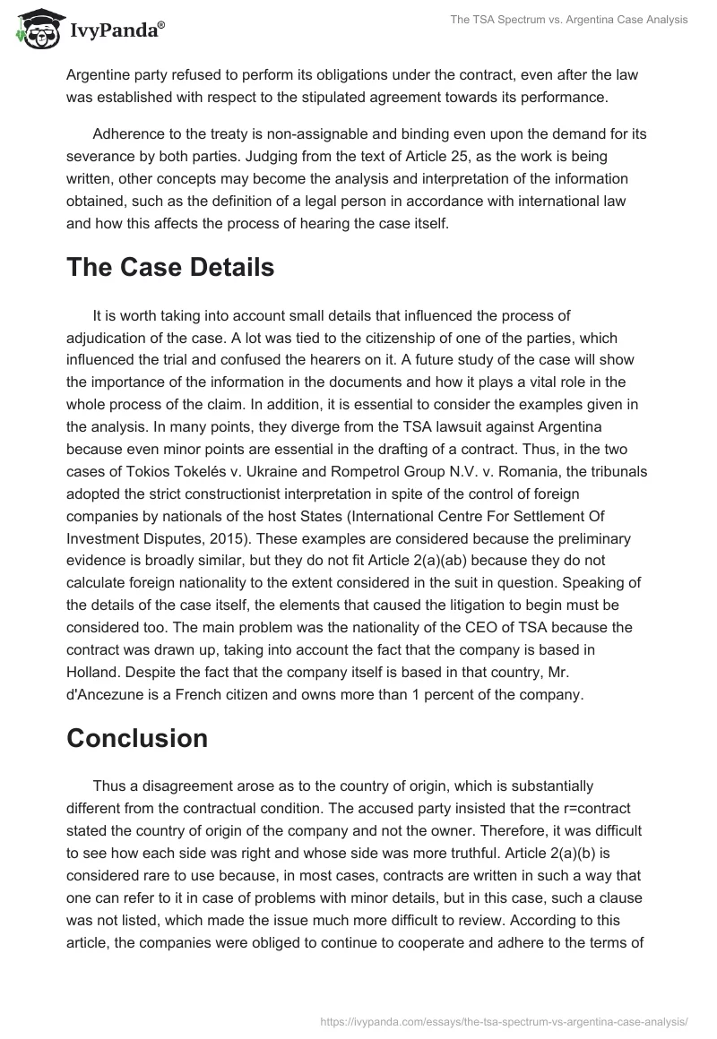 The TSA Spectrum vs. Argentina Case Analysis. Page 2
