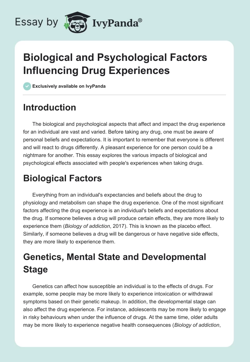 Biological and Psychological Factors Influencing Drug Experiences. Page 1
