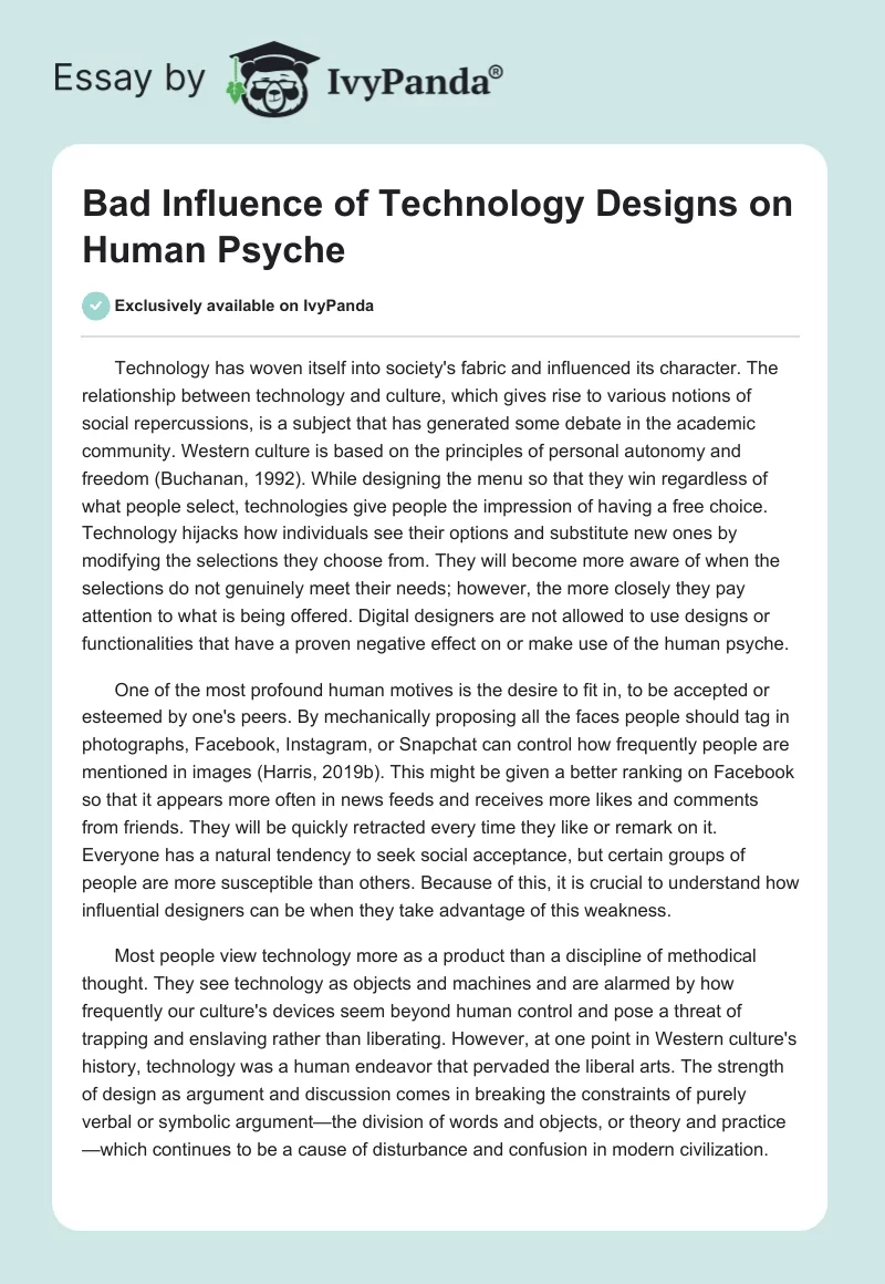 Bad Influence of Technology Designs on Human Psyche. Page 1