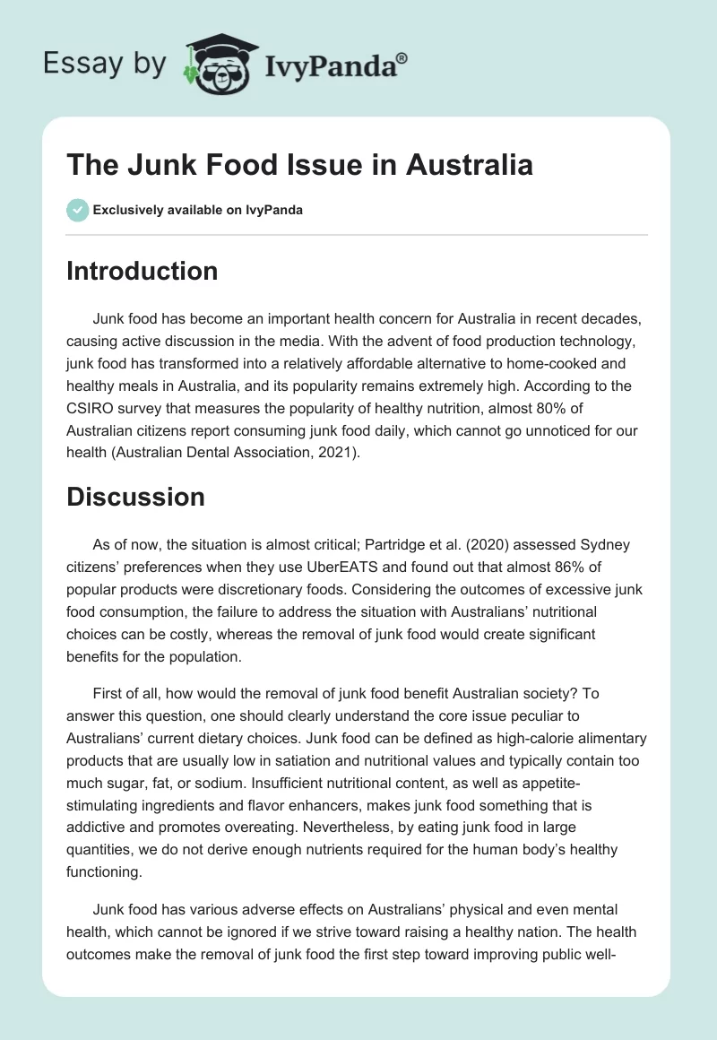 The Junk Food Issue in Australia - 613 Words | Essay Example