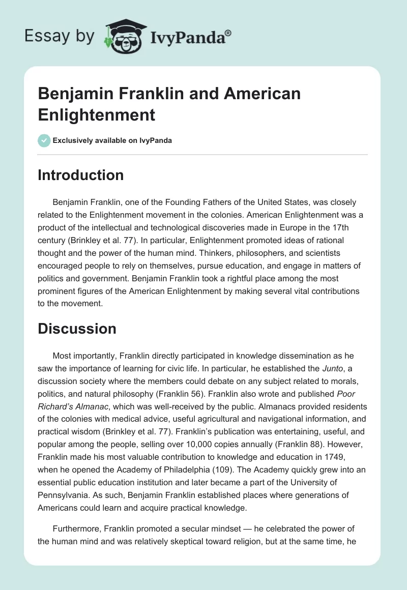 Benjamin Franklin and American Enlightenment. Page 1