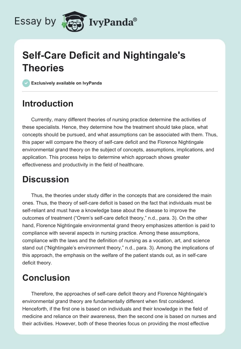 Self-Care Deficit and Nightingale's Theories. Page 1