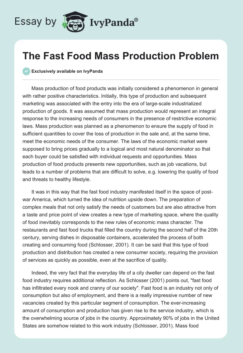 The Fast Food Mass Production Problem. Page 1