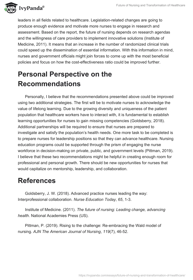 Future of Nursing and Transformation of Healthcare. Page 2