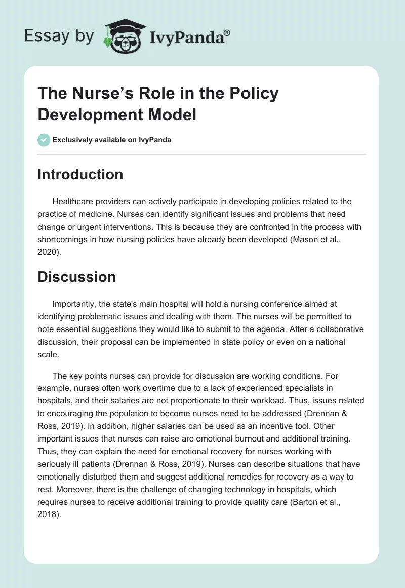 The Nurse’s Role in the Policy Development Model. Page 1