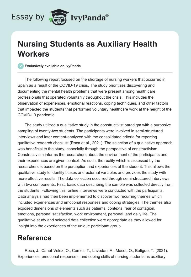 Nursing Students as Auxiliary Health Workers. Page 1