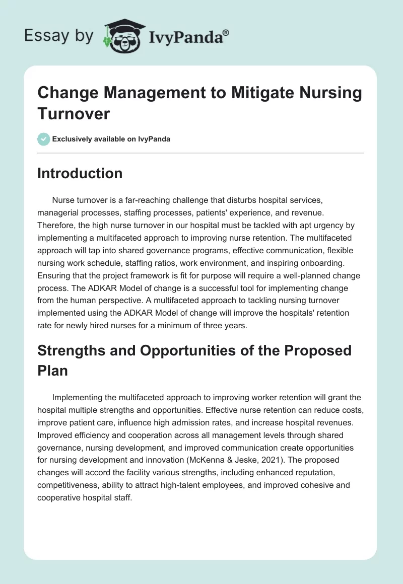 Change Management to Mitigate Nursing Turnover. Page 1