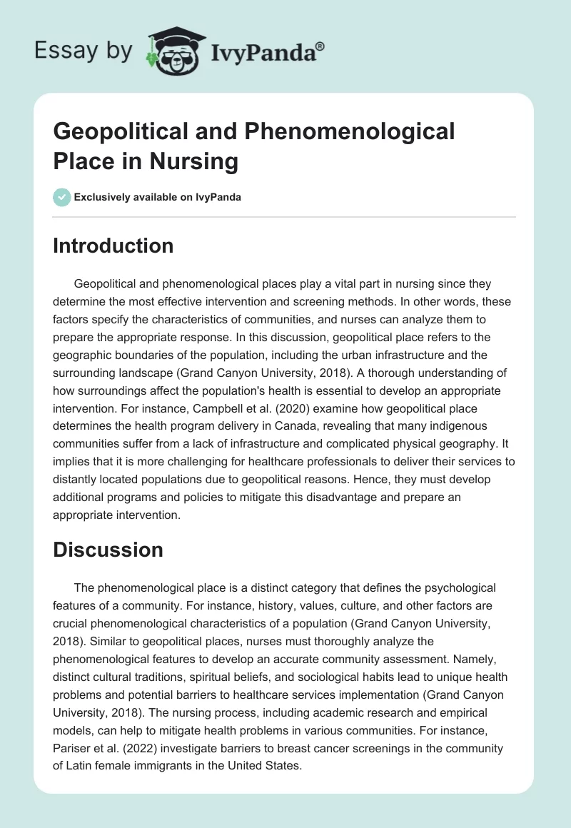 Geopolitical and Phenomenological Place in Nursing. Page 1