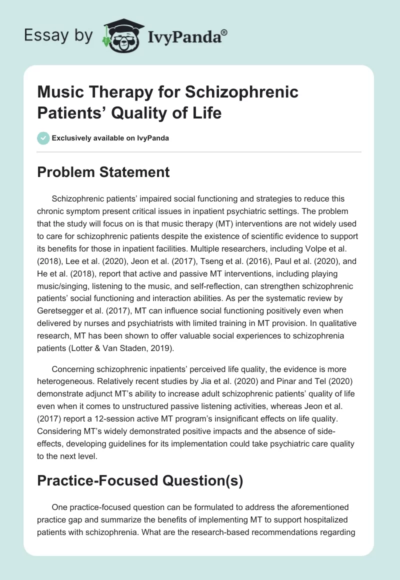 Music Therapy for Schizophrenic Patients’ Quality of Life. Page 1