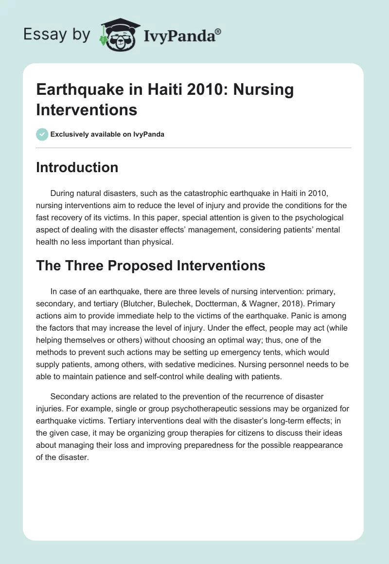 Earthquake in Haiti 2010: Nursing Interventions. Page 1