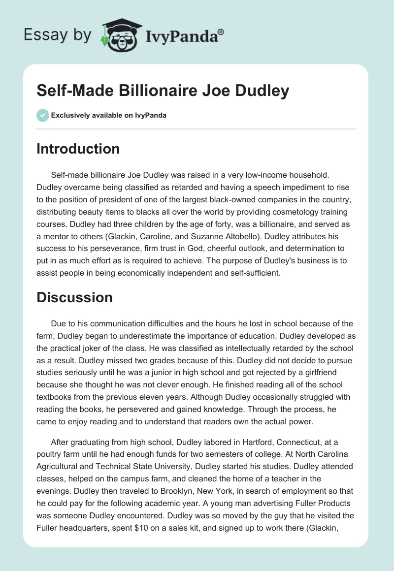 Self-Made Billionaire Joe Dudley. Page 1