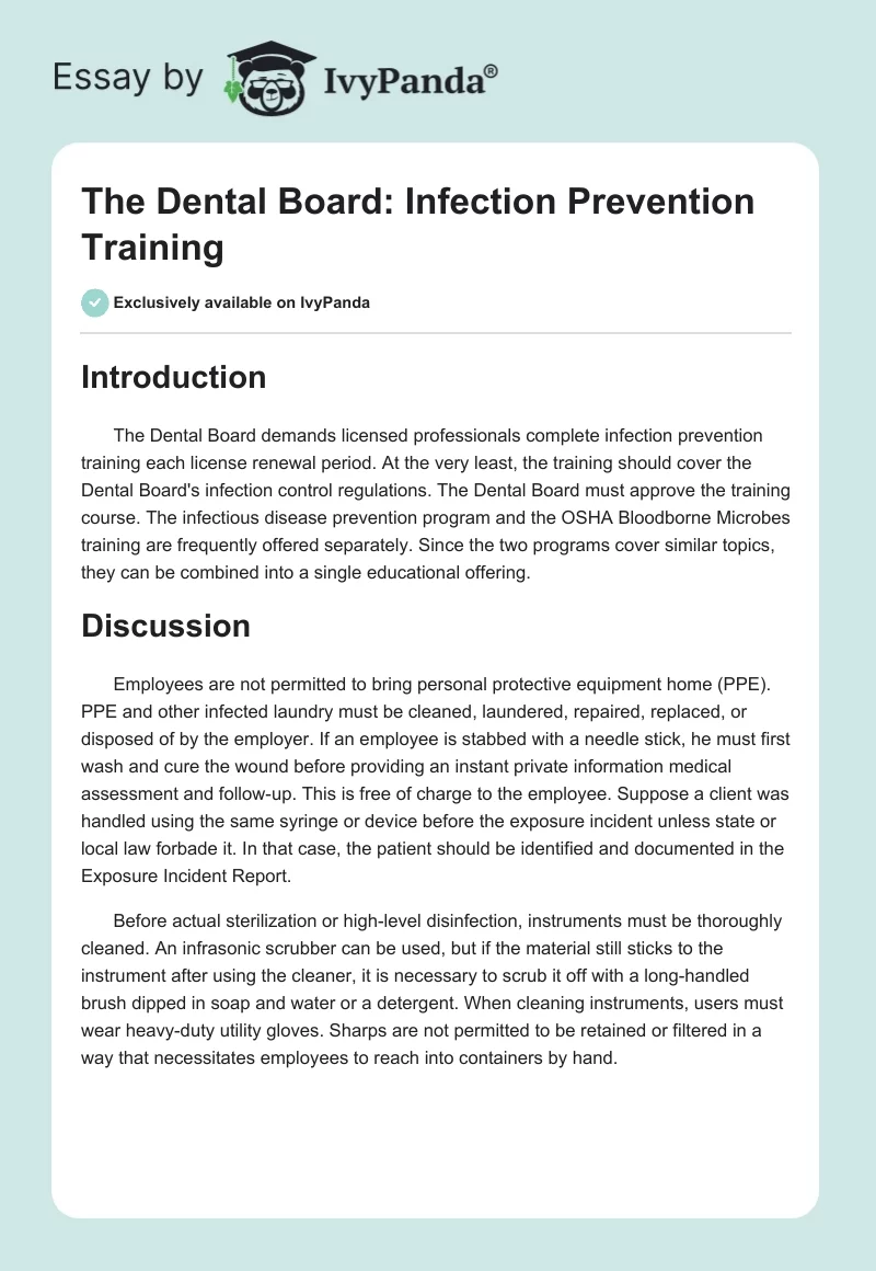 The Dental Board: Infection Prevention Training. Page 1