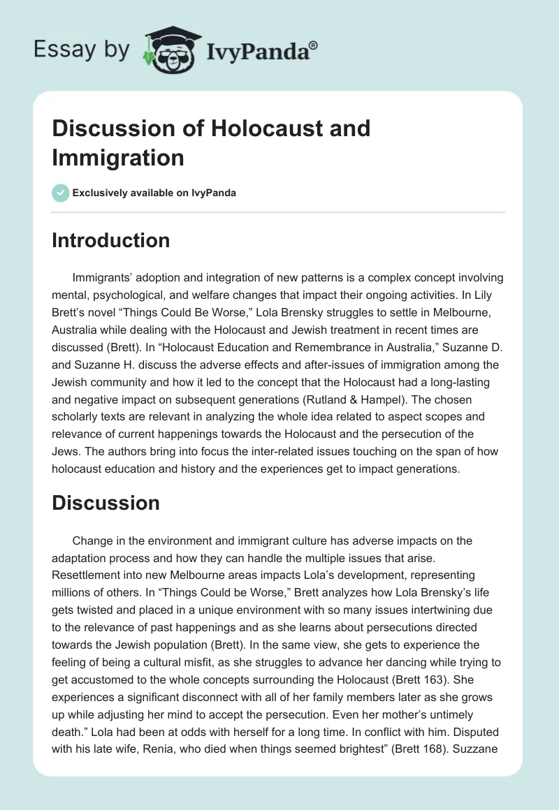 Discussion of Holocaust and Immigration. Page 1