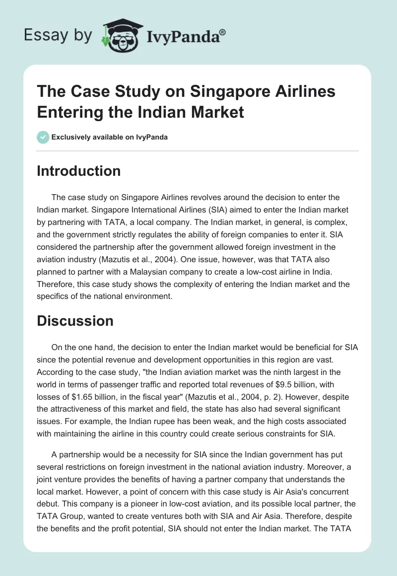 The Case Study on Singapore Airlines Entering the Indian Market. Page 1
