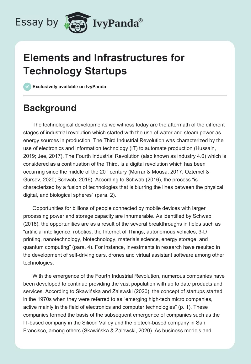Elements and Infrastructures for Technology Startups. Page 1