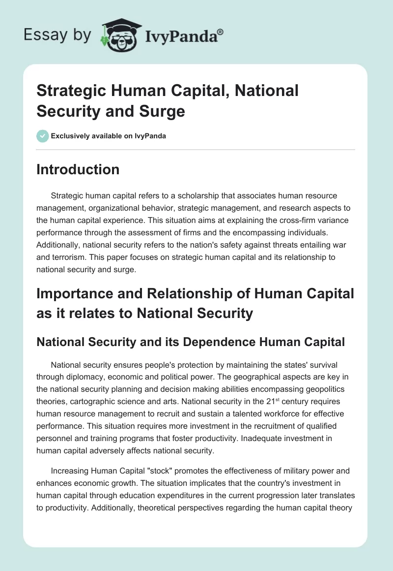 Strategic Human Capital, National Security and Surge. Page 1