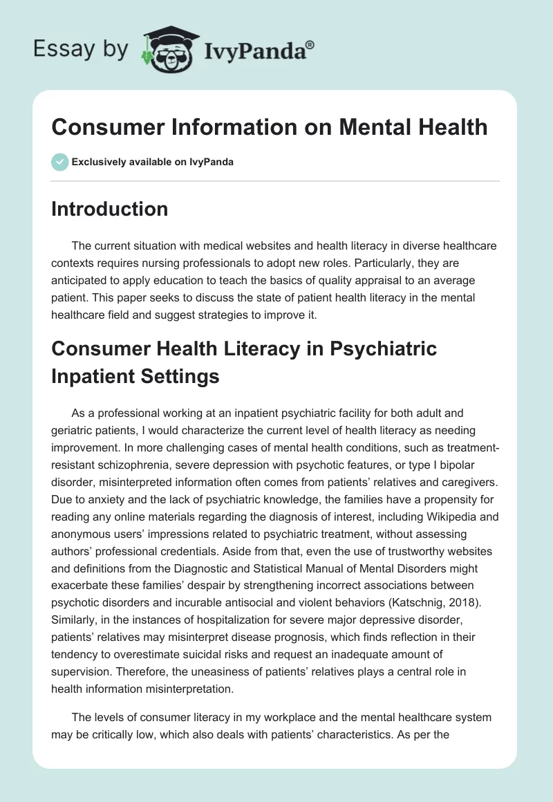 Consumer Information on Mental Health. Page 1