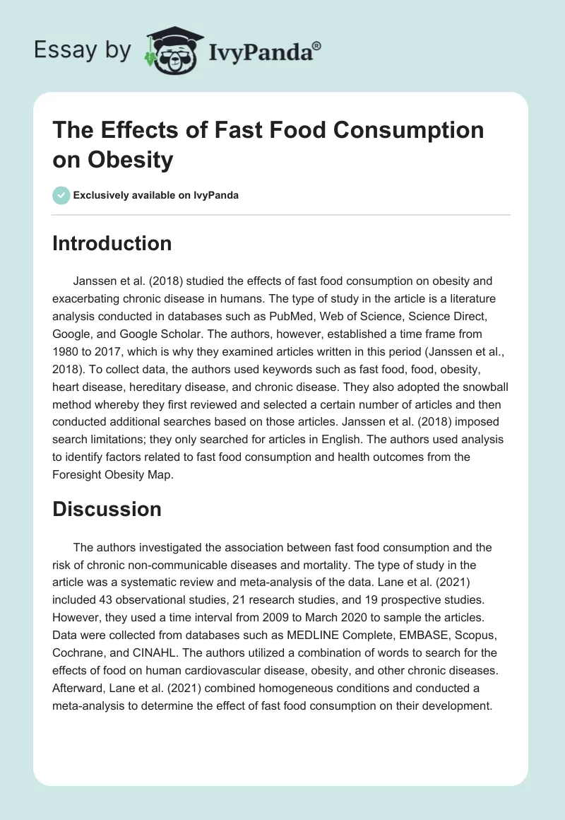 The Effects of Fast Food Consumption on Obesity. Page 1