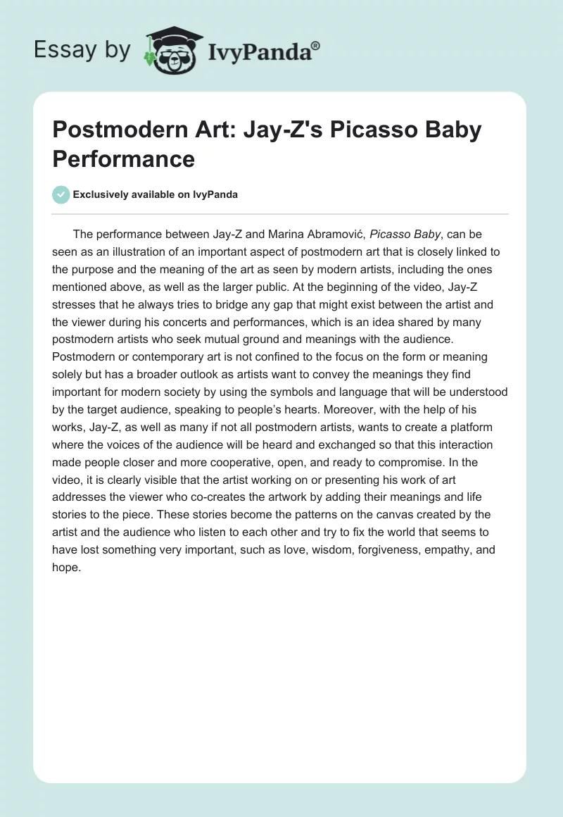 Postmodern Art: Jay-Z's "Picasso Baby" Performance. Page 1