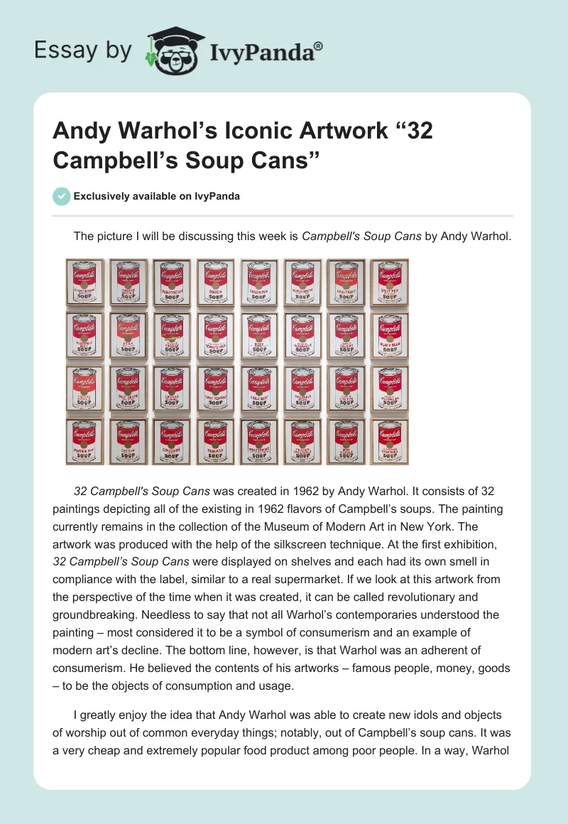 Andy Warhol’s Iconic Artwork “32 Campbell’s Soup Cans”. Page 1