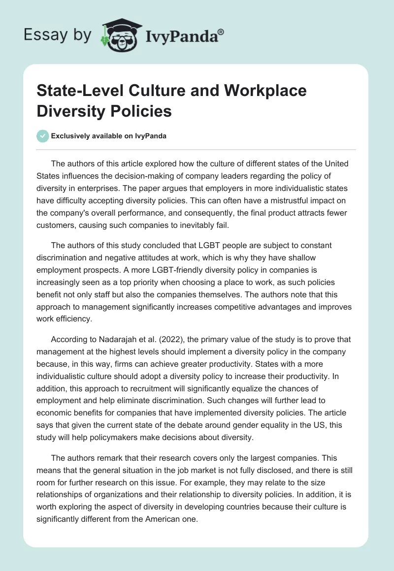 State-Level Culture and Workplace Diversity Policies. Page 1
