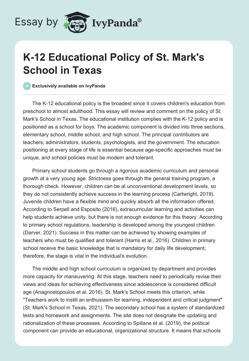 K-12 Educational Policy of St. Mark's School in Texas. Page 1