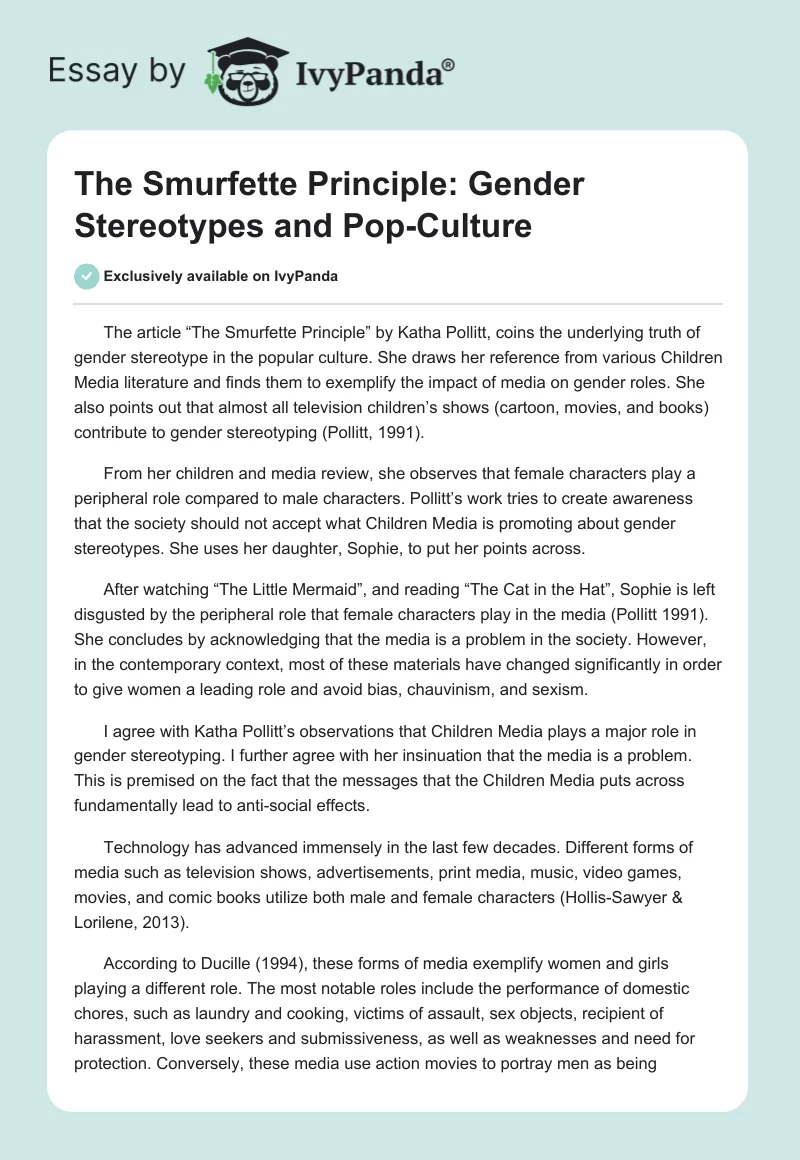 The Smurfette Principle: Gender Stereotypes and Pop-Culture. Page 1