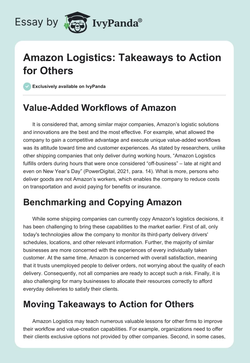 Amazon Logistics: Takeaways to Action for Others. Page 1