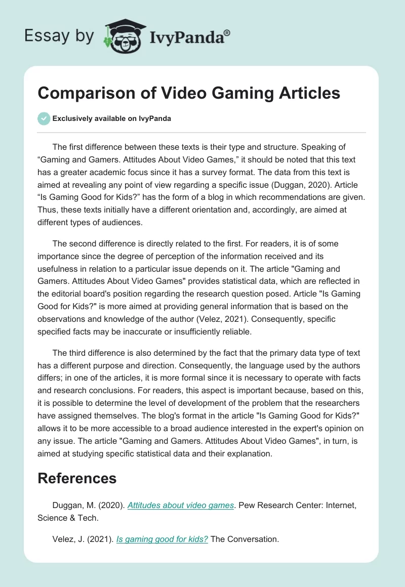 Comparison of Video Gaming Articles. Page 1
