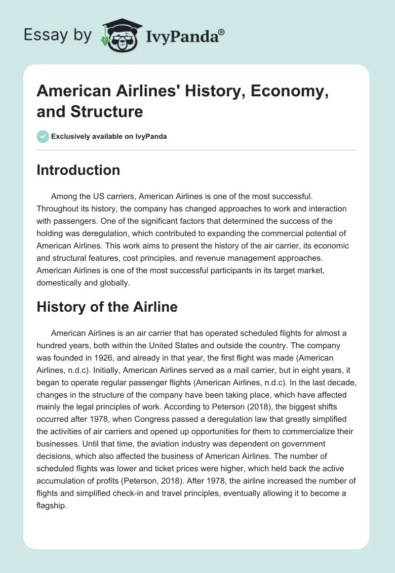 American Airlines' History, Economy, and Structure. Page 1