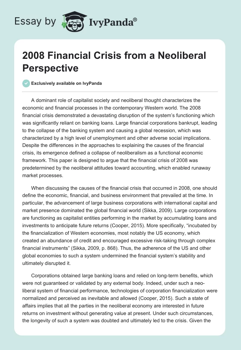 2008 Financial Crisis from a Neoliberal Perspective. Page 1