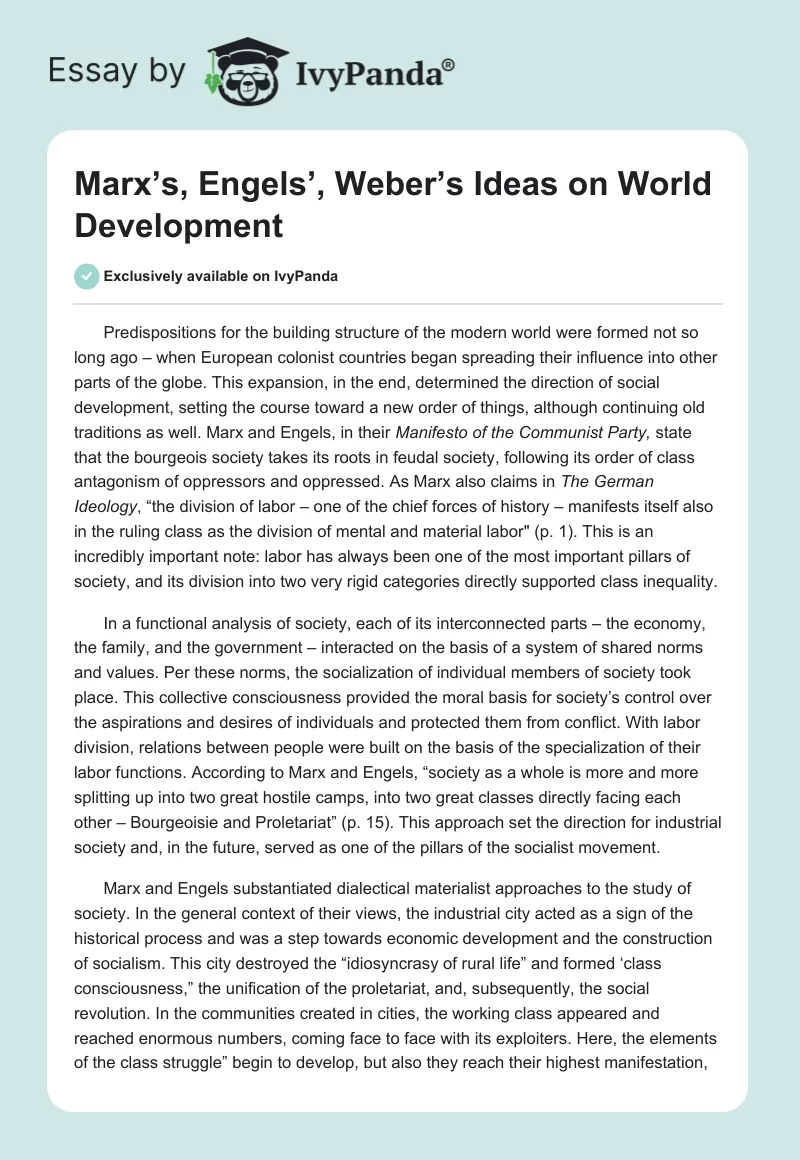 Marx’s, Engels’, Weber’s Ideas on World Development. Page 1